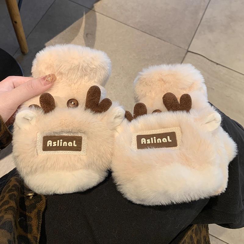 New Christmas antlers plush gloves women's thickened warm cute student cycling cold-proof half-finger gloves