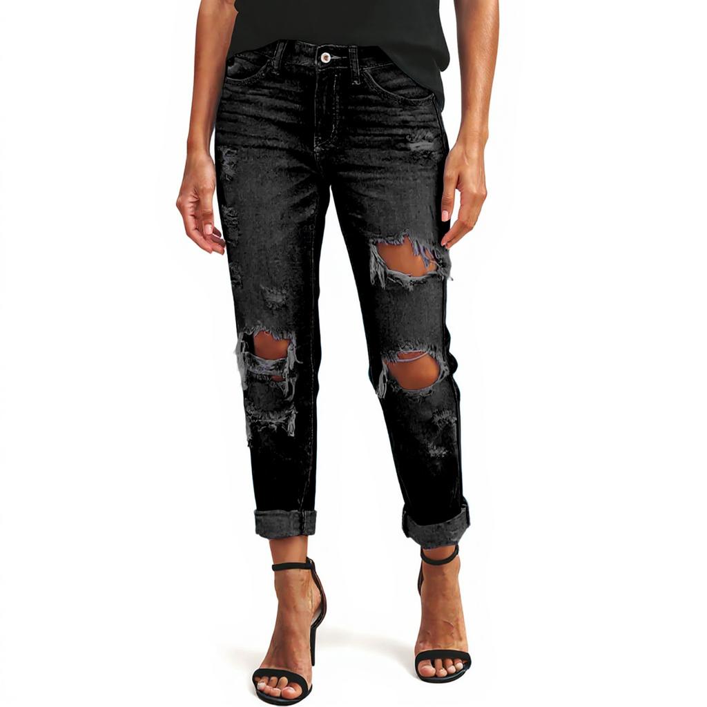 Ladies' Color Loose Casual Ripped Casual Jeans