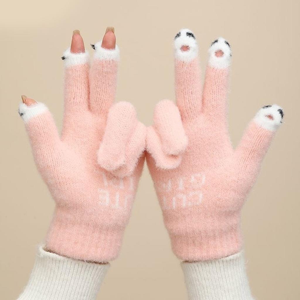 Knitted Touchable Screen Gloves Winter Full Finger Mittens Stretchy Warm Three Finger Exposed Gloves for Girls Teens