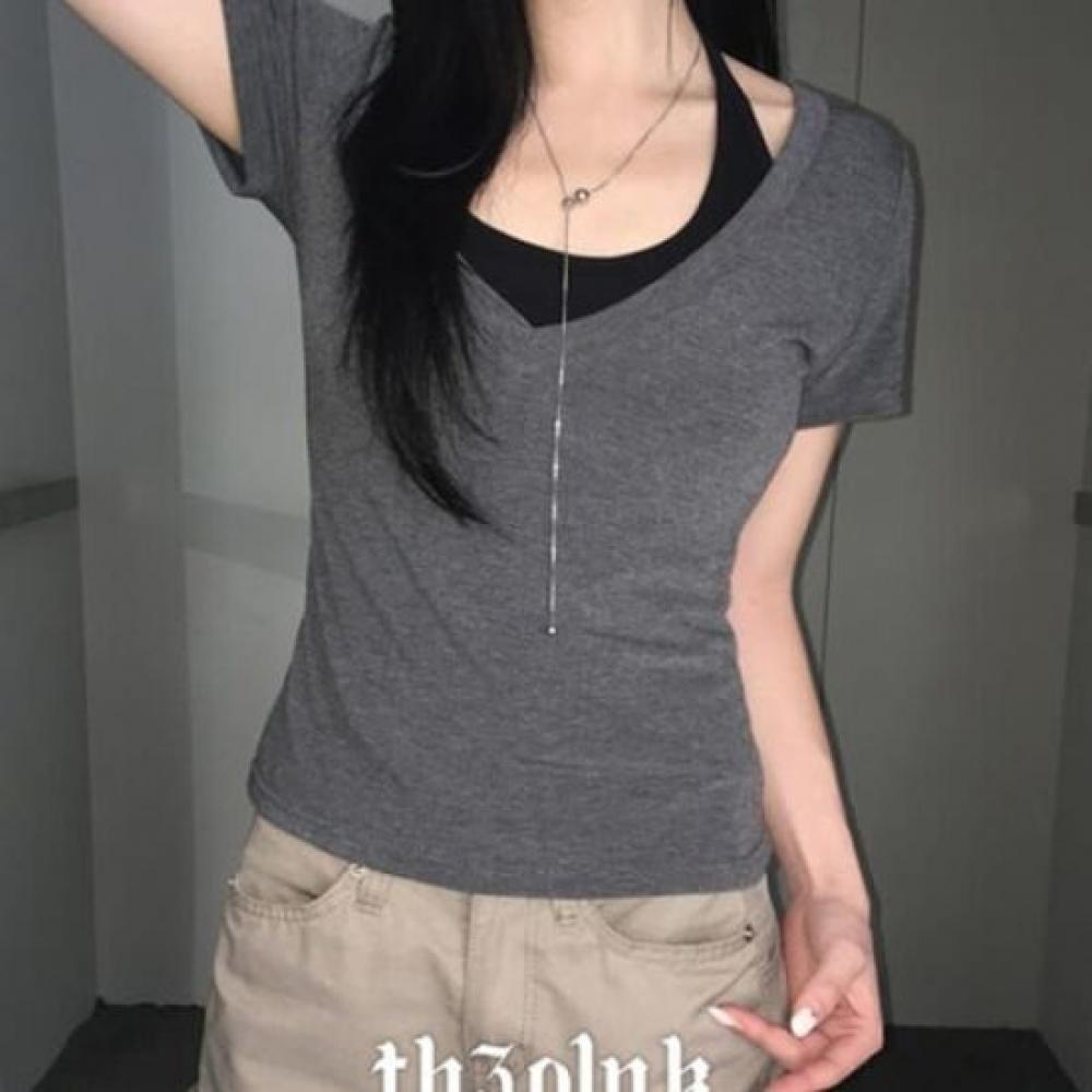 The Pink Women V Neck HalTer STrap Layered T shirT
