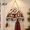 Key Hanger for Wall 2D Flat Christmas Wooden Rack, Hanging Holder with 4 Storage Entrance Hooks, Holiday Plaque Rope Home Decor