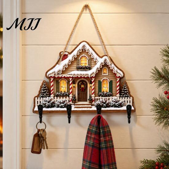 Key Hanger for Wall 2D Flat Christmas Wooden Rack, Hanging Holder with 4 Storage Entrance Hooks, Holiday Plaque Rope Home Decor