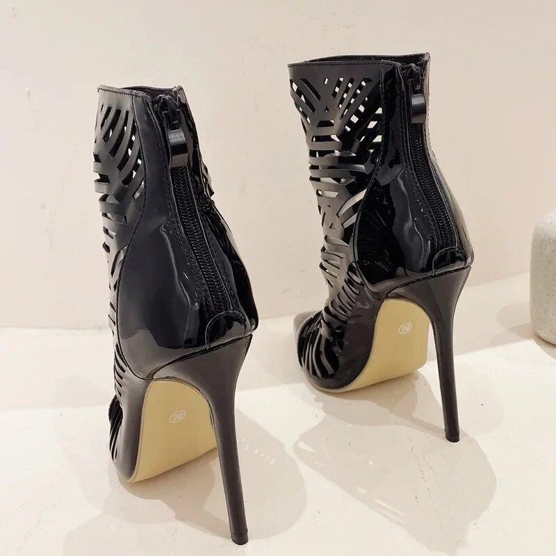 Eilyken Nové sexy Hollow Out vysoké podpätky členkové čižmy Sandále Ženy so špicatou špičkou Dámske topánky Jarná párty Ples Botas De Mujer