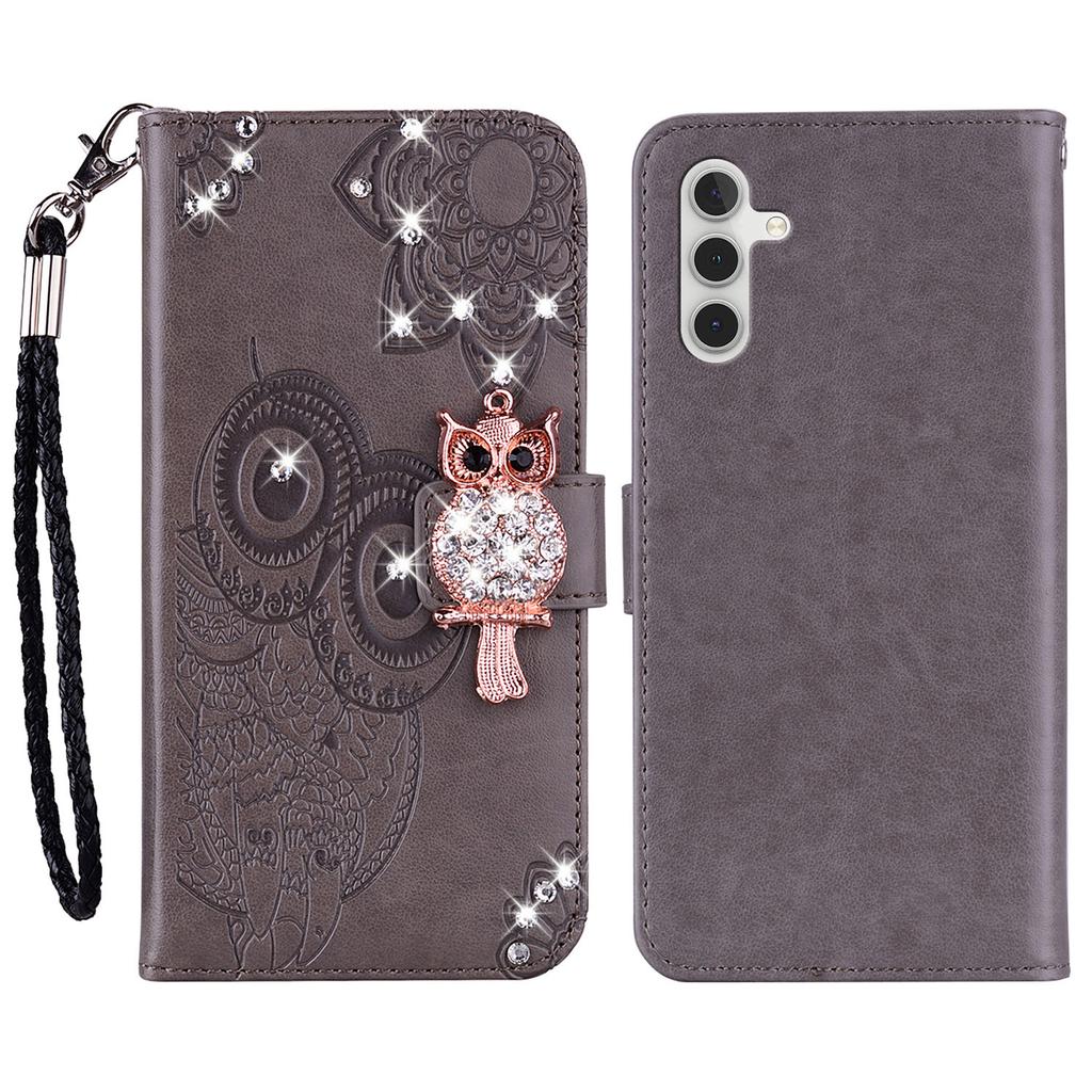 Para Samsung Galaxy S24 FE Capa Carteira Coruja Flor Estampada Strass Capa de Couro