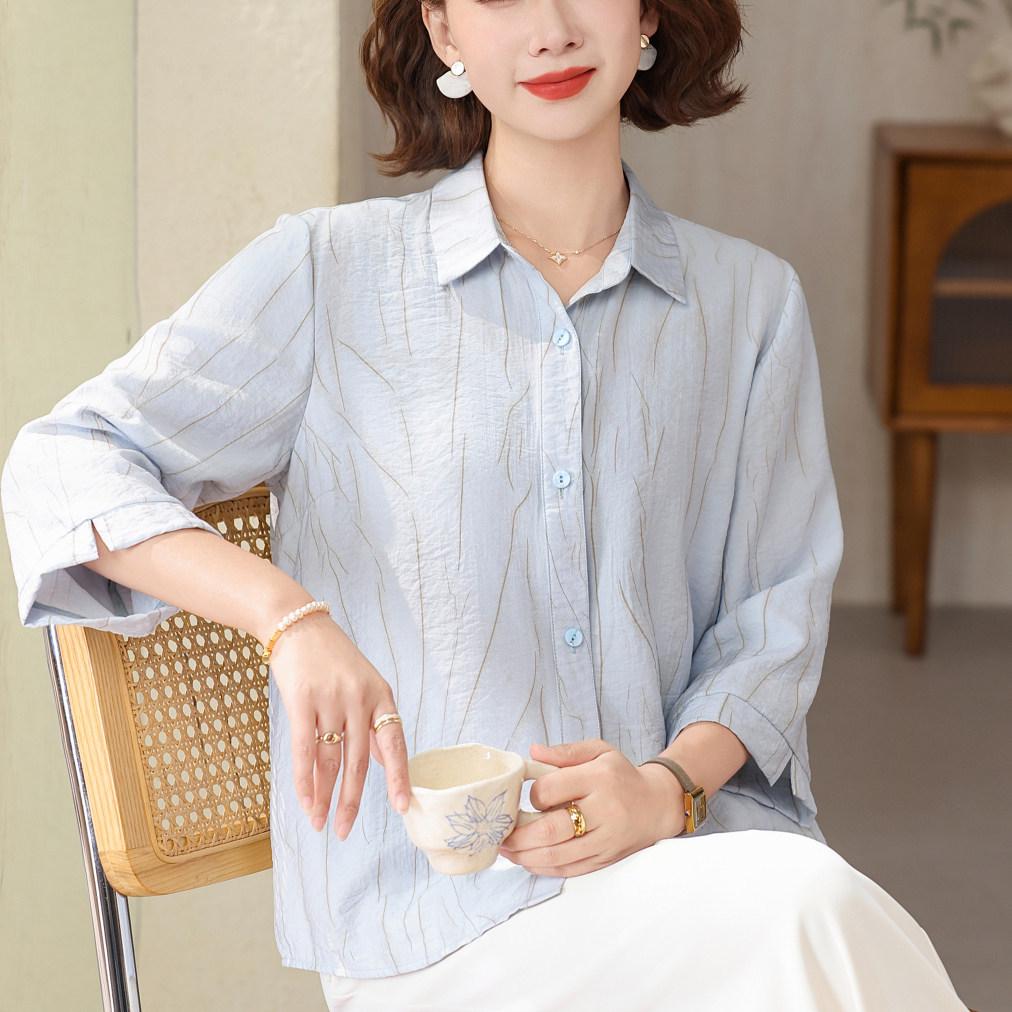 

Mother s Day Summer Short Sleeve Top for Moms – Stylish Lapel Design for Middle-aged and Elderly Women 3XL (120-135 jin) синій