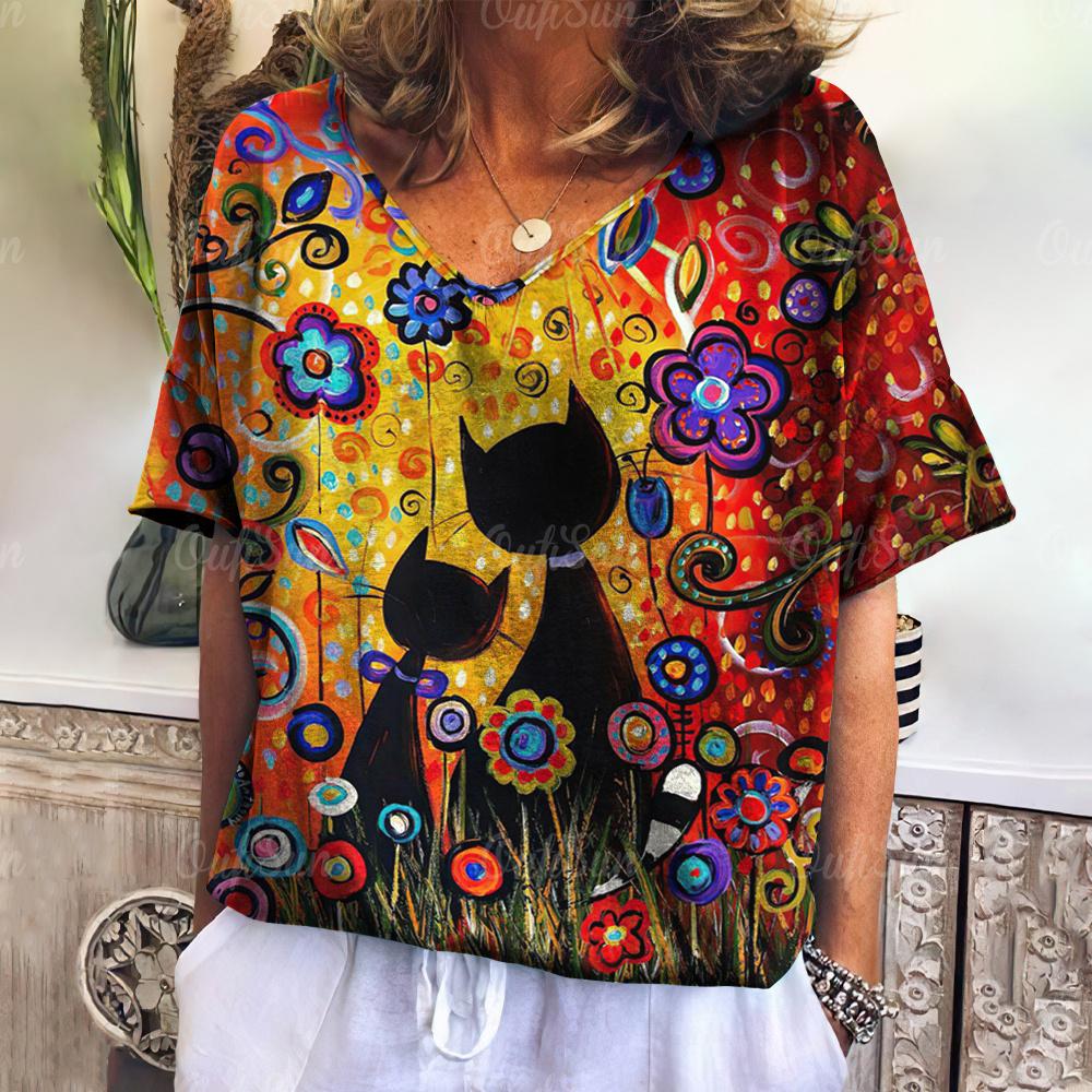 Retro T-shirt Damski Dekolt w serek Kreskówkowy Kot Lato Casual Moda Krótki Rękaw Topy Harajuku Wiatr T-shirt OverSize Odzież Damska