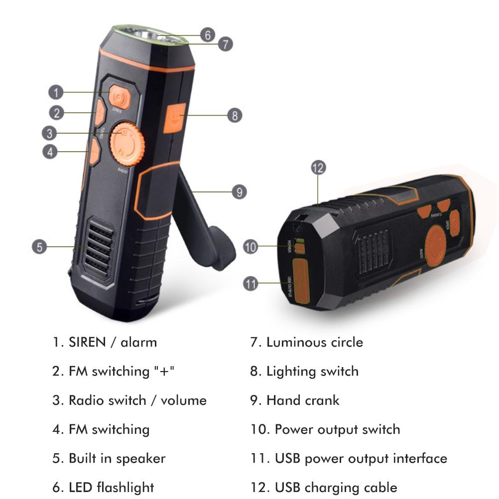 Portable Emergency Radio Hand Crank Flashlight with Radio Multifunctional Power Bank SOS Alarm Rechargeable for Home