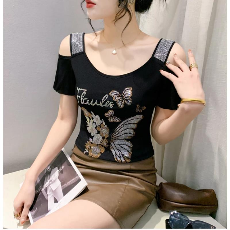 Fashion Women’s Mesh Bling Butterfly T-Shirt Clothes Sexy Off Shoulder Luxury Hot Diamonds Tops Summer Short Sleeve Female Tees Blouse