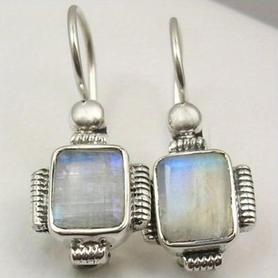 Vintage Square Moonlight Stone Silvery Plated Pendant Earrings Women Elegant Banquet Vocation Banquet Earrings Jewelry Accessory