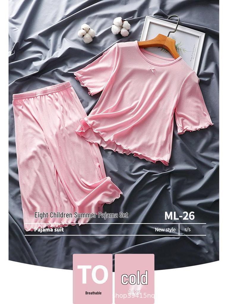Summer Girls' Ice Silk Pajama Set: Thin Short-Sleeve Modal Loungewear for Kids, Perfect for Air-Conditioned Rooms