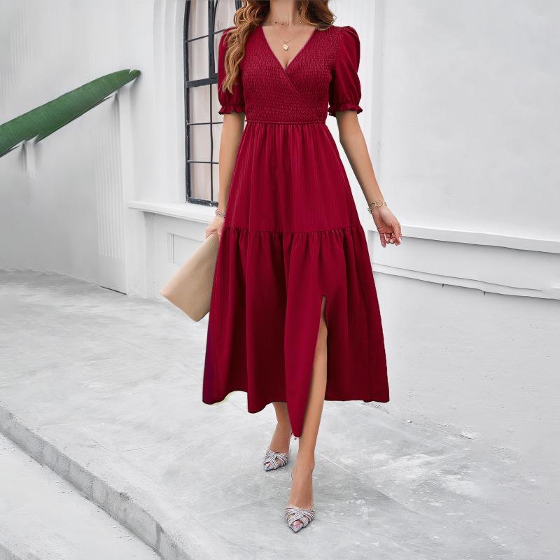 Summer Women's Dress Temperament Solid Color V-neck Short-sleeved Long Dress