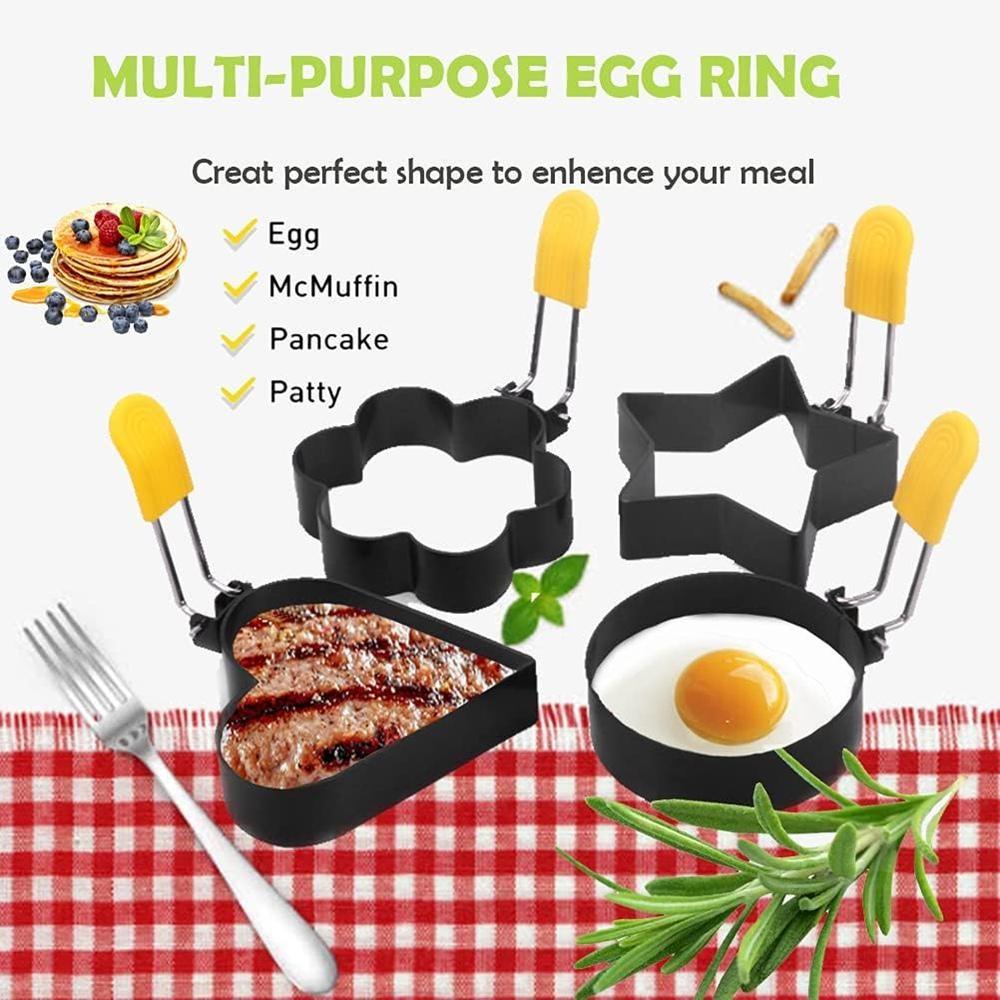 Egg Rings for Frying Eggs Stainless Steel Egg Cooking Rings with Anti-scald Handle Non-stick Egg Shaper Molds 4 Different Shapes