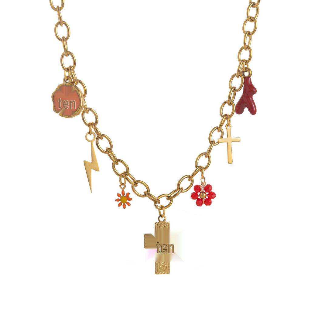 Valentine's Day Titanium Stainless Steel Necklace - Flower & Heart Pendant
