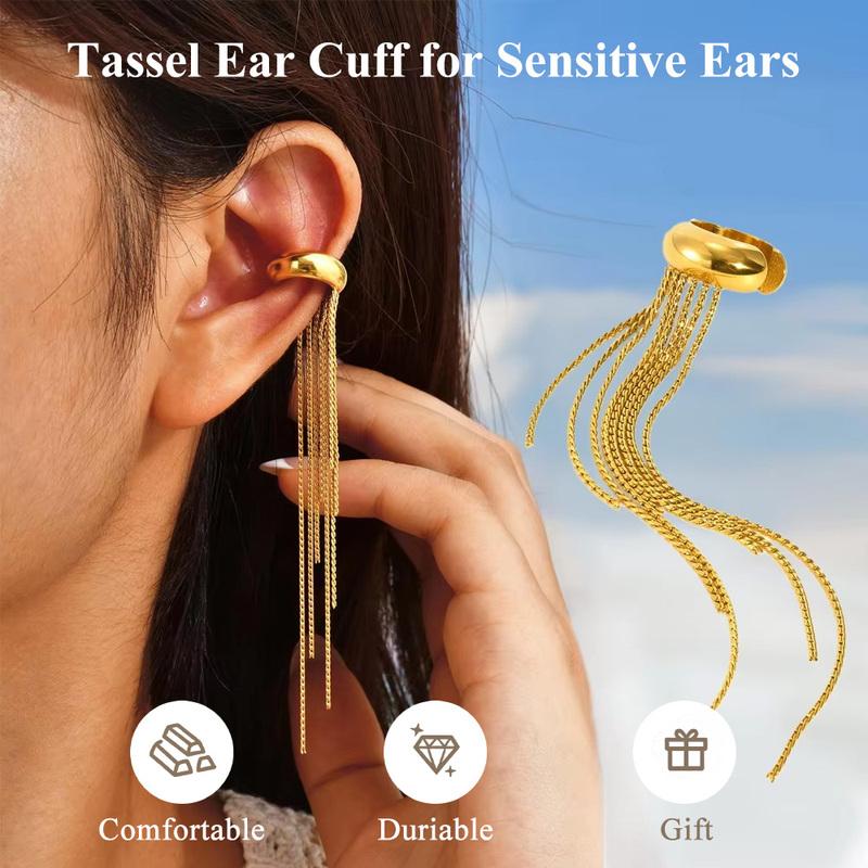 Women's Fringe Earrings No Piercing Required Long Chain Earrings for Women Stainless Steel Clip-On Earrings