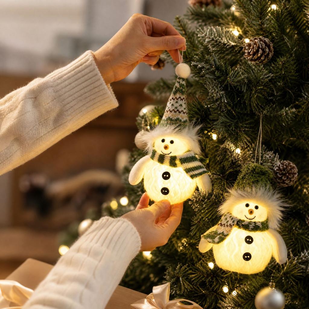 Lighted Snowman Christmas Tree Ornament - Knit Plush Hanging Decoration for Winter Holiday