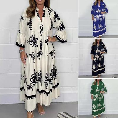 Fall Spring Dress Stand Collar Long Sleeves Color Matching Print Pleated Patchwork