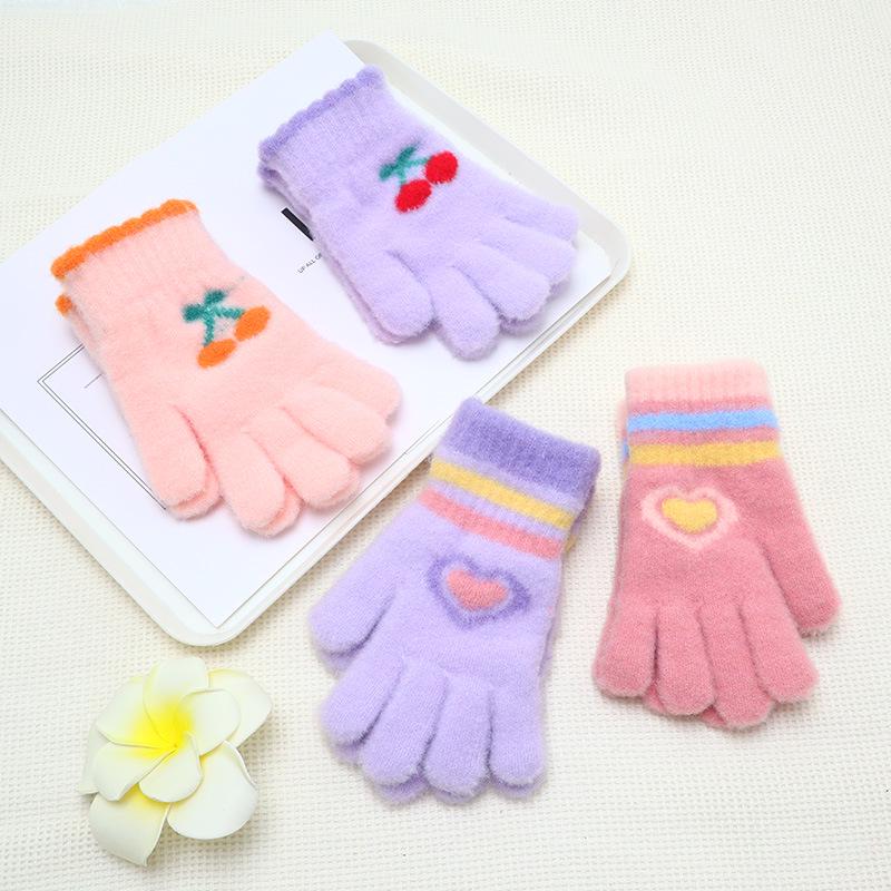 Girls' Winter Cherry Heart Gloves - Cute, Warm, Cold-Proof Five-Finger Gloves for Kids.
