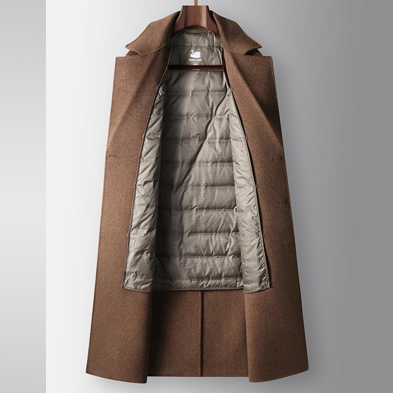 100% Wool Men's Coat Autumn and Winter Knee Long Double-breasted Goose Down Liner Casual Warm Double-sided Woolen Coat
