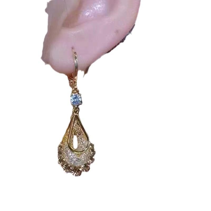 Elegant Gold Mesh Teardrop Earrings with Brown Crystals - Women's Luxury Fashion