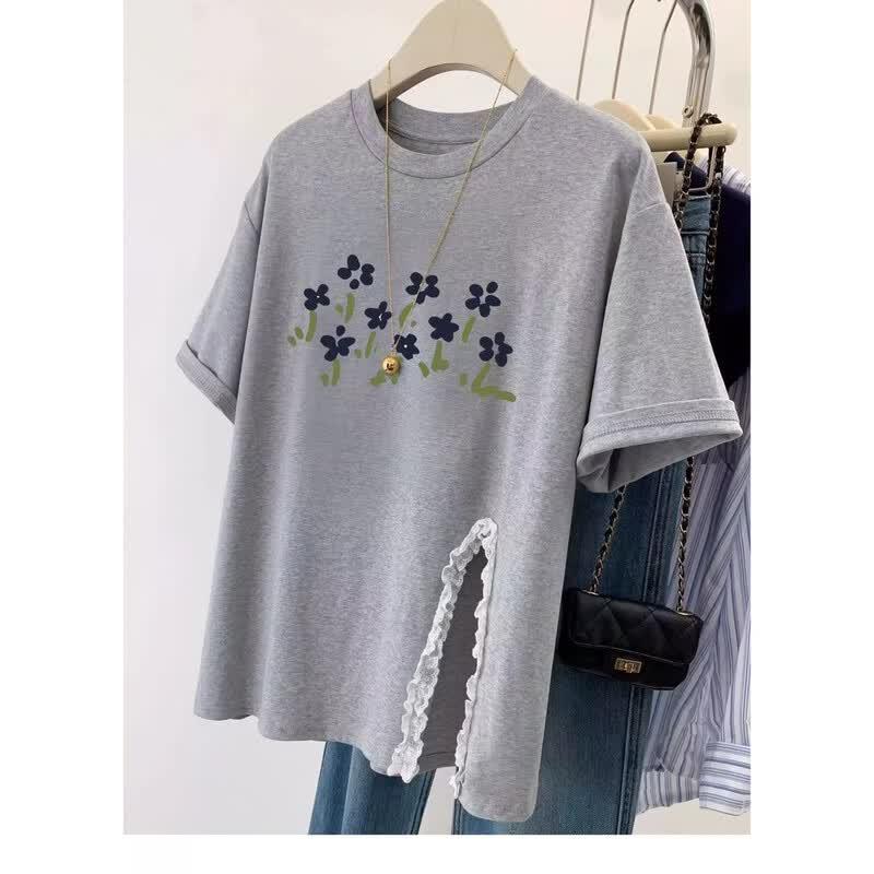 La Chapelle Women s Elegant Lace-Trim Floral Print Short-Sleeve T-Shirt L