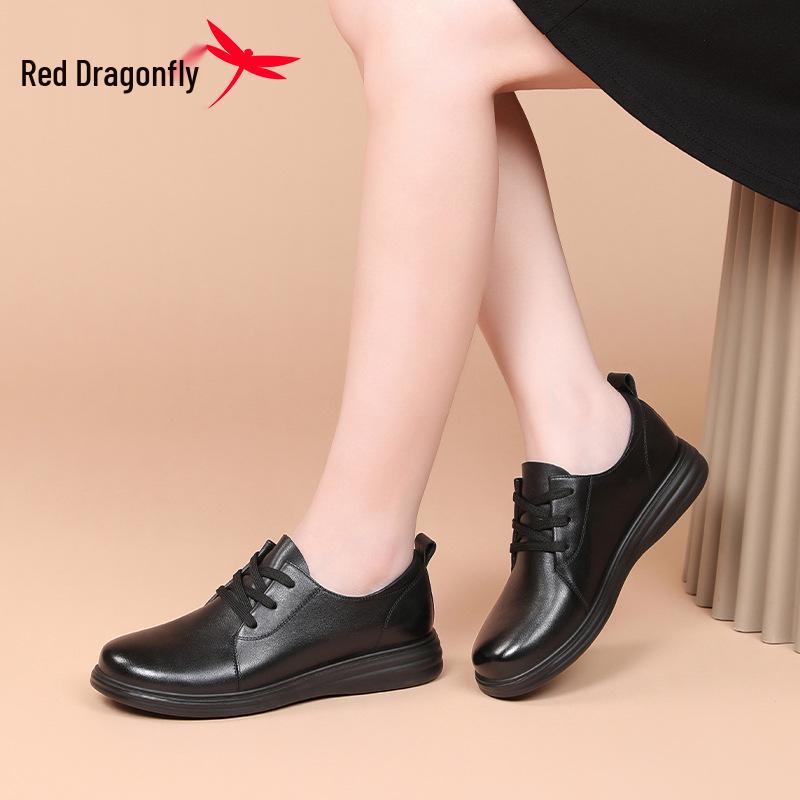 Red Dragonfly Women's Genuine Leather Flat Shoes - Soft Sole, Plus Size, Perfect for Spring & Autumn Commute