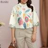 ZANZEA Women Casual Round Neck 3/4 Sleeve Loose Retro Print Blouse