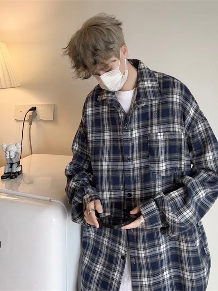 Men's Oversized Black and White Plaid Long-Sleeve Shirt - Trendy Casual for Spring and Autumn