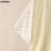 VONDA Summer Women O-Neck Print Splice 3/4 Sleeve Casual Loose Blouse