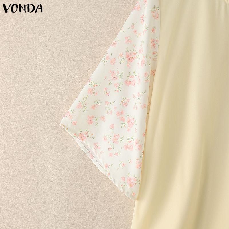 VONDA Summer Women O-Neck Print Splice 3/4 Sleeve Casual Loose Blouse