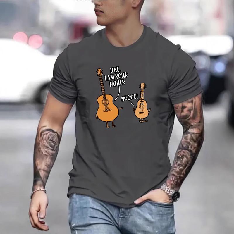 Men's Printed Loose Short Sleeved T-shirt with Guitar Letters Shirt