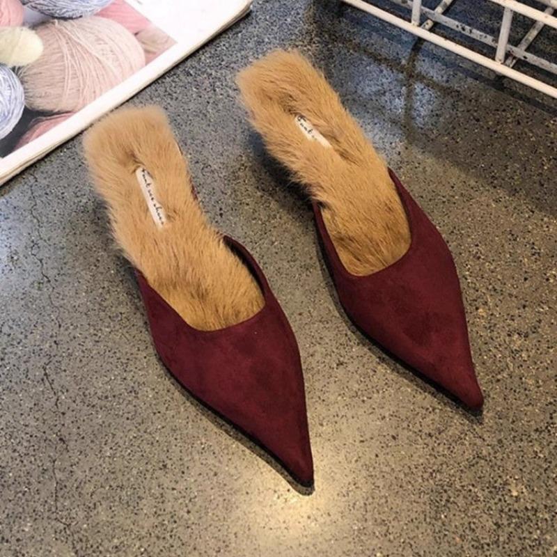 

Модные новые женские меховые тапочки с острым носком, женские мюли, модные женские элегантные вечерние сандалии, квадратный низкий каблук, обувь-слайды 43 вино красного