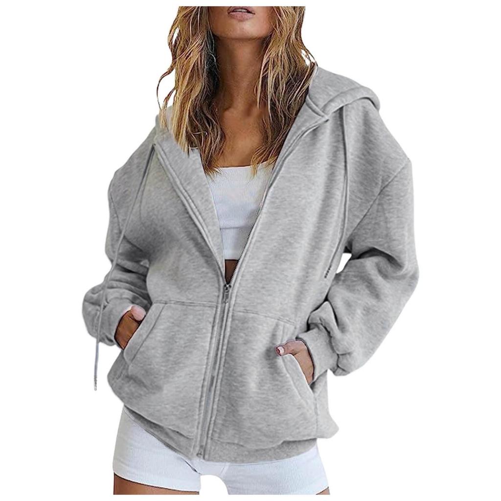 Damen gefütterter Reißverschluss Hoodie Farbe Lockerer Schnitt Lässiges Oberteil