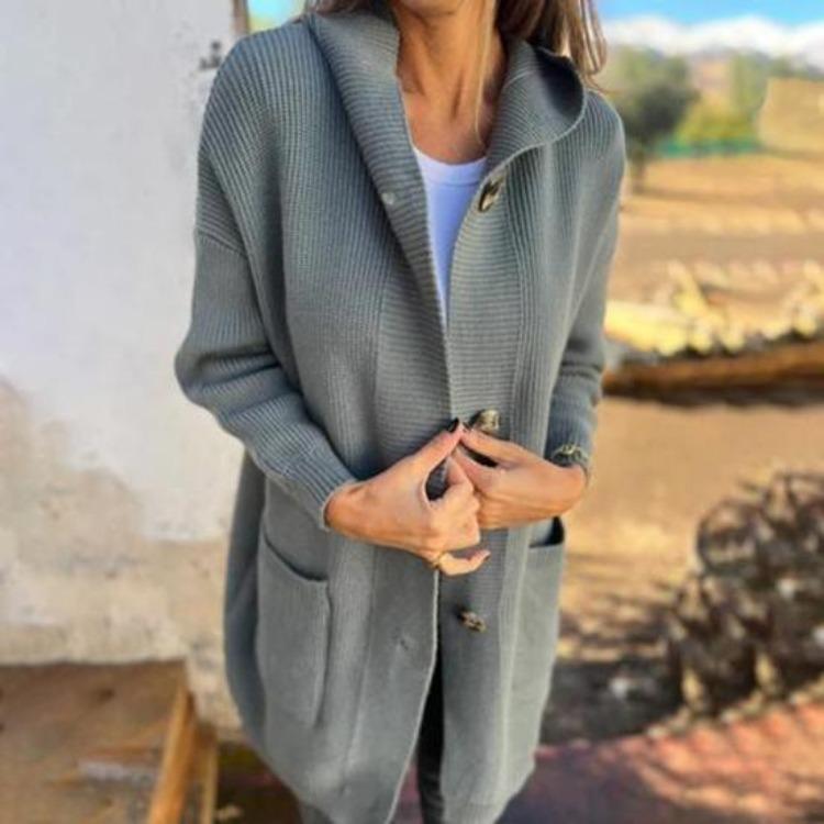Women Knitted Cardigan Sweater Coat Long Sleeve Hooded Solid Color Mid Length with Pockets