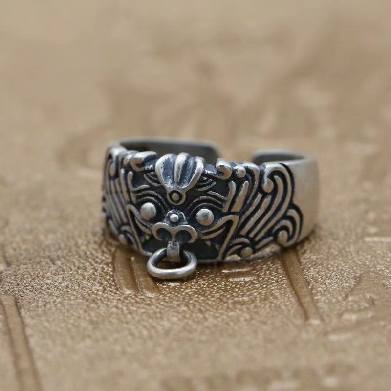 Retro Taotie Ring For Men Chinese Mythology Open Ring Unisex Handmade Jewelry Designer Gift Lover Accessories