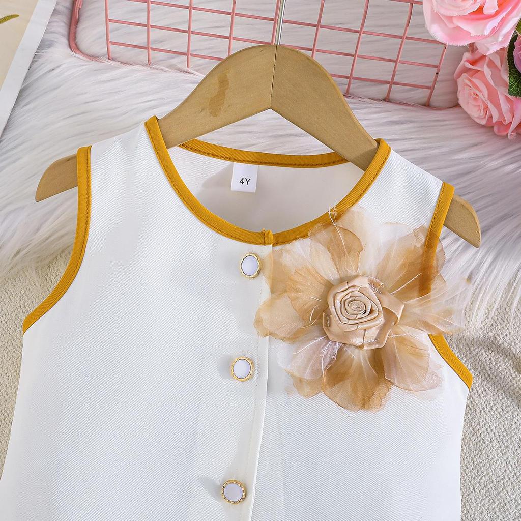 2PCS Girls Floral Applique Sleeveless Vest & Pleated Skirt Set, Casual Summer Two-Piece Outfit