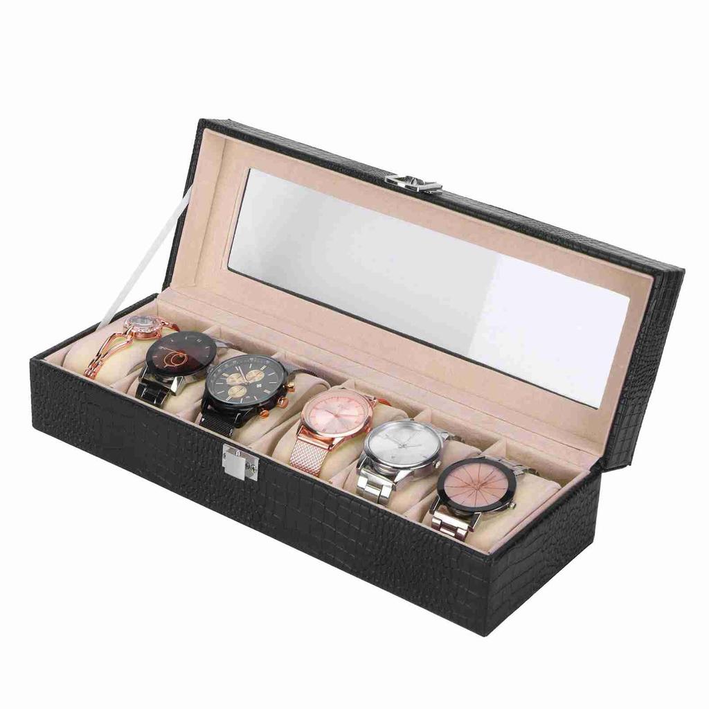 6-Slot Watch Box PU Leather Rectangular Wristwatch Display Case Organizer Gift Black