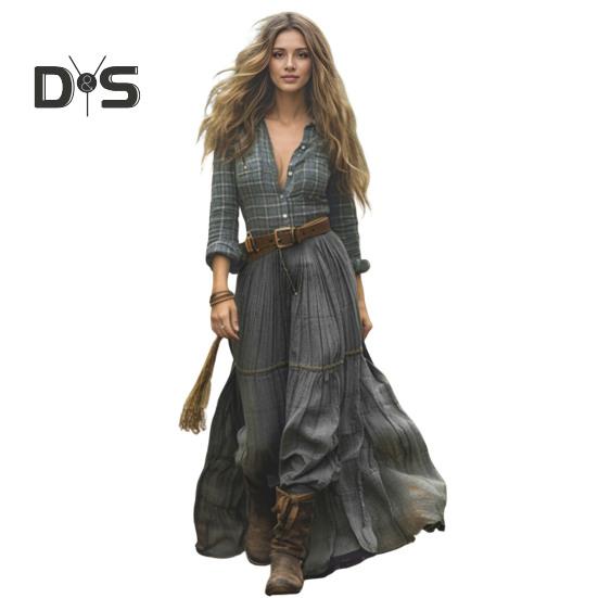 

Женское клетчатое макси-платье с длинным рукавом, рубашка на пуговицах, длинное платье, повседневное платье А-силуэта с V-образным вырезом на весну-лето S зелёный