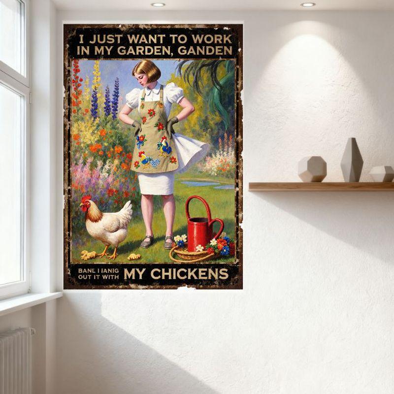 Vintage Garden Chickens Metal Tin Sign - Woman In Floral Apron Watering Can Garden Scene Wall Decor for Home Bar Café