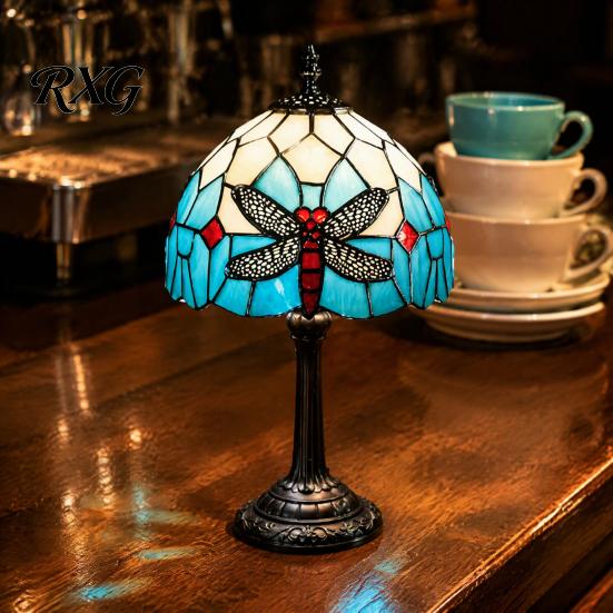 Artistic Home Decor Light Tiffany Dragonfly Stained Glass Table Lamp, Vintage Blue Bedside Night Light, Colorful Mosaic Lamp Decorative Atmosphere for