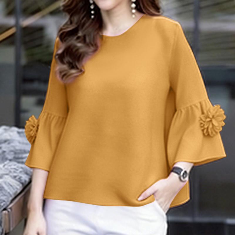 

ZANZEA Жіноча повсякденна блузка з круглим вирізом, однотонна, рукав 3/4 5XL хакі