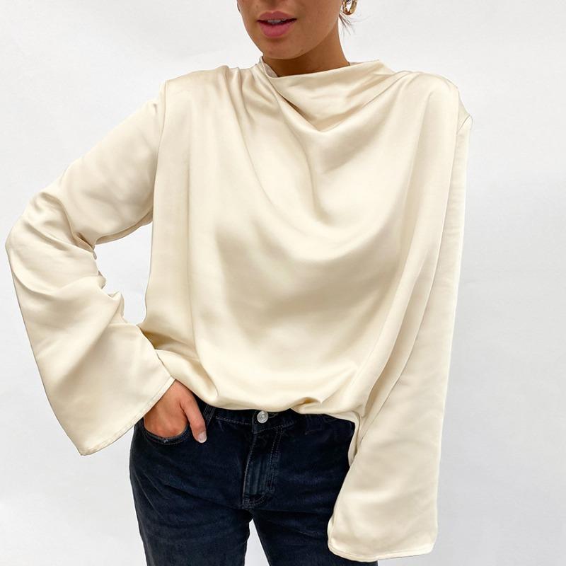 Vintage Women Elegant Cowl Neck Soft Loose Blouse Fashion Top Casual Female Fold Design Tops Girls Blouses Thin Shirts for Women Bottom