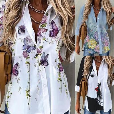 Langarmshirts mit Blumendruck, modische Button-Up-Shirts und Blusen für Damen, lässige Urlaubsshirts, Tunika-Oberteile