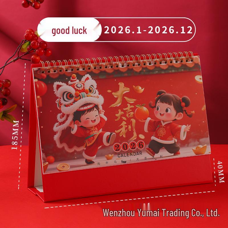 2026 Year of the Horse Desk Calendar with Festive Red Frame, Large Embossed Gold Chinese Style, Monthly Memo, Hot Stamped.