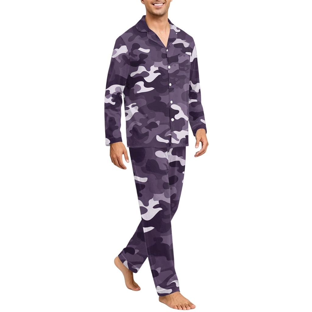 Men's Button Down Pajama Set with Long Sleeves - Comfortable Sleepwear for Home and Lounging