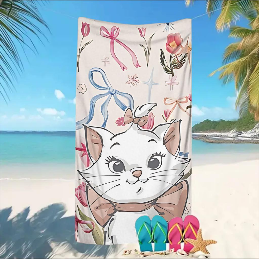 Cute White Cat Beach Towel with Pink Bow Microfiber Sand-Free Flat Print Floral Bath Towel for Girls Kids Travel Pool Summer
