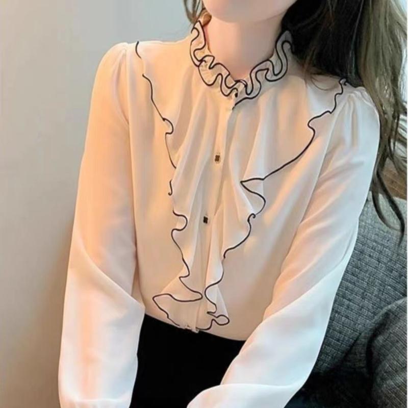 Fashion Flare Sleeve Chiffon Blouse New White Shirt Spring Autumn Ruffle Edge Long Sleeve Bottoming Shirt M-2XL