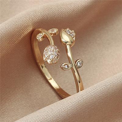 Fashion Luxury Gold Color Tulip Flower Open Ring, Women's Vintage Trend Elegant Temperament Party Zircon Accessories