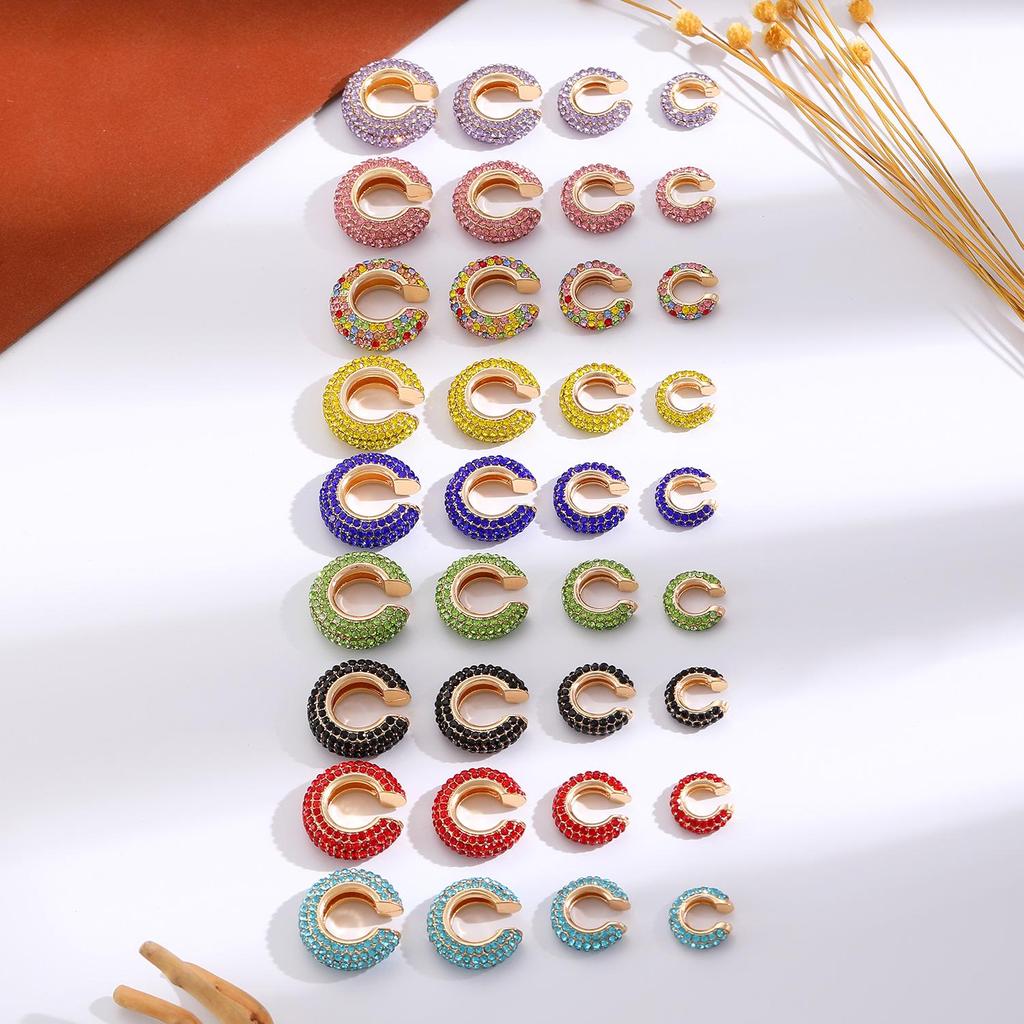 Retro Fashion C-Shaped Bling Ear Clips with Colored Diamonds - Trendy No-Pierce Earrings