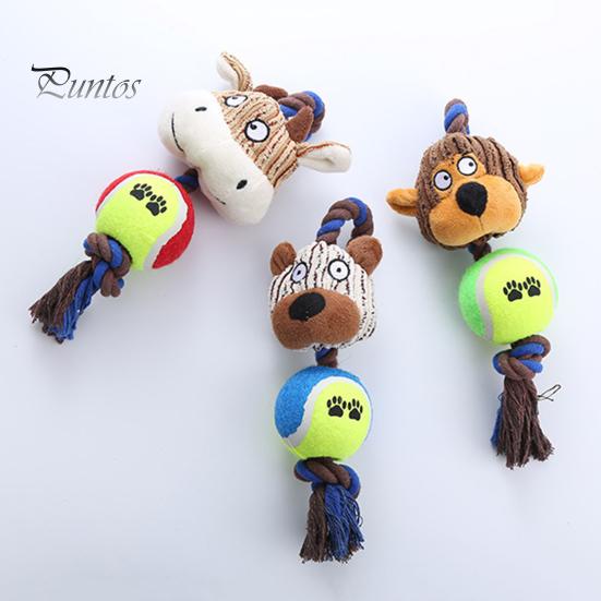 Wear-resistant Dog Toy Plush Squeaky Animal Head Tennis Ball Chew Interactive Teeth Cleaning Rope Knot Teething for Medium Large Dogs Tug-of-War Soft