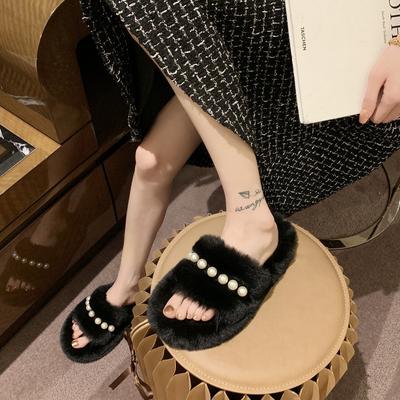 Ins Fluffy Slippers Women Wear Internet Celebrities Autumn and Winter 2025 Cute Pearl Rabbit Plush Home One Word Cotton Drag Tide